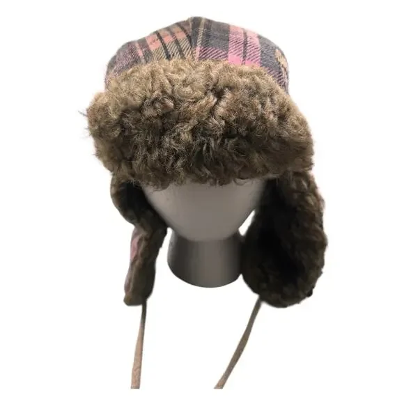 Pink Plaid Faux Fur Trapper Hat Ear Flap Pom Pom Cozy Winter Y2K - Picture 2 of 5
